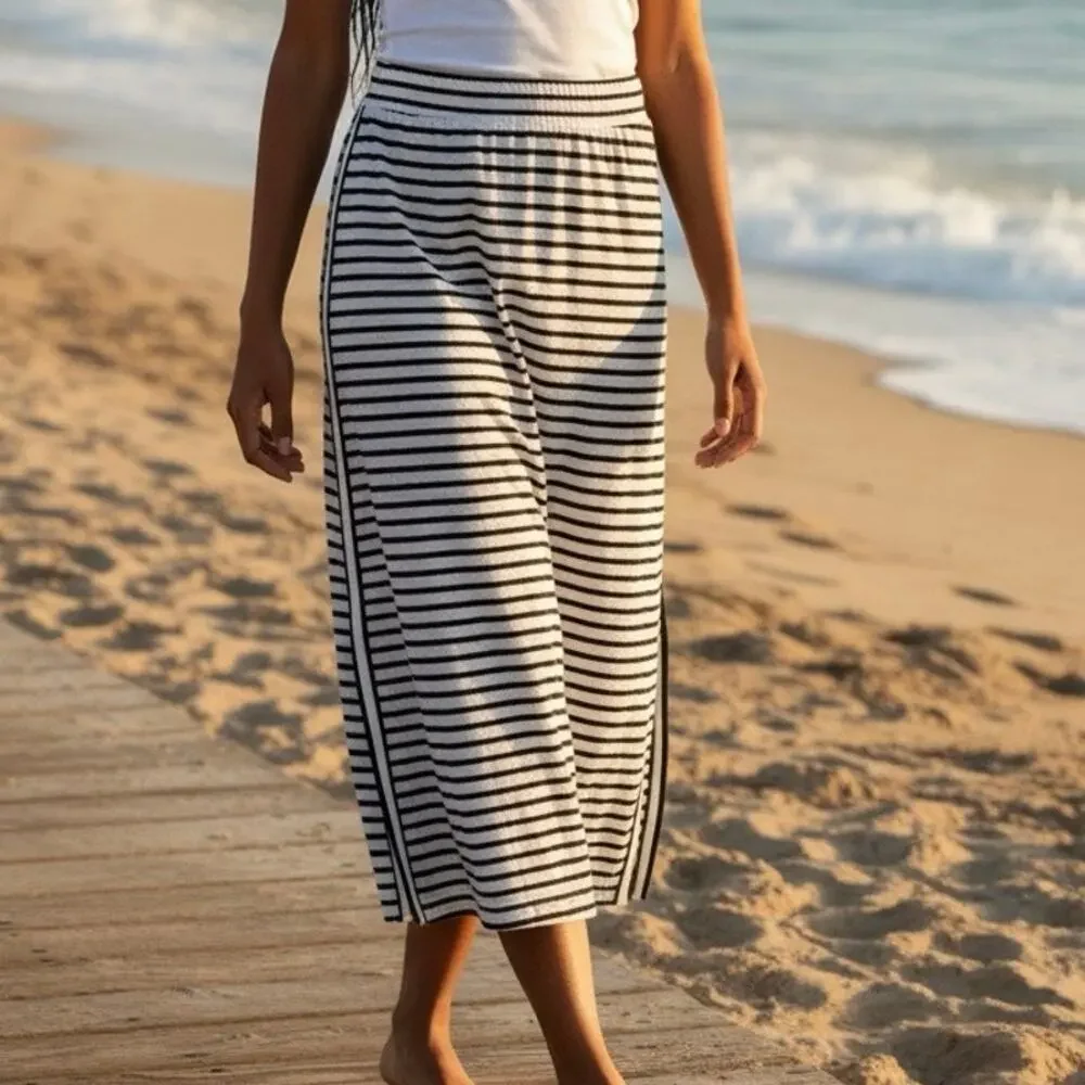 Eileen Fisher Sz M Organic Linen Stripe Long Skirt Midi Maxi Black White Pull On